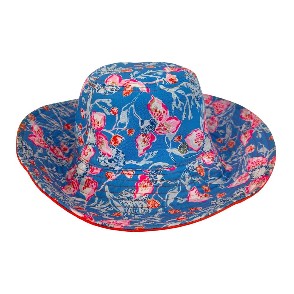 Lilly Pulitzer Reversible Canvas Bucket Hat Blue Floral/Orange OS UPF 50+